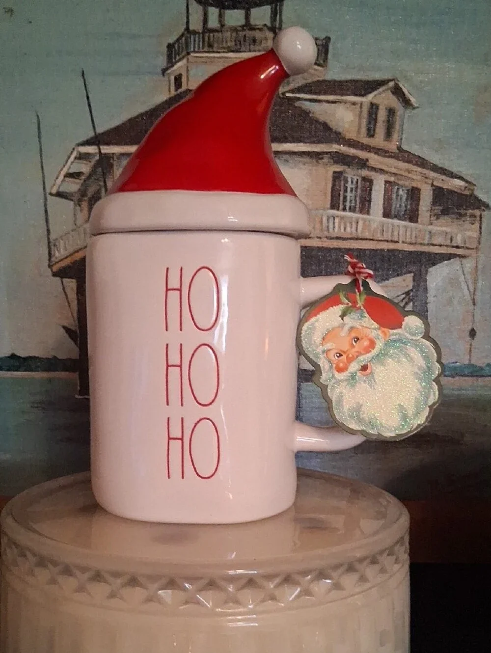 🎄Rae Dunn White Ceramic 'HO HO HO' Mug with Red Santa Hat Lid